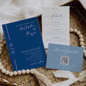 Sjabloonset huwelijksuitnodiging QR-codebundel, blauwe thema-uitnodigingssuite