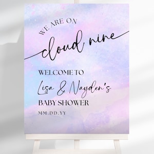 Auf Wolke 9 Babyparty Willkommensschild Vorlage, bearbeitbares Blau Rosa Wolke Neun Babyparty Dekor, Wolke Neun Babyparty Poster