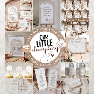 May include: A collection of baby shower templates with a dumpling theme. The design includes invitations, games, menus, and decorations. The color palette is soft, with beige and white tones. The text "Our Little Dumpling" is prominently displayed, along with other text such as "Baby Shower Bundle" and "Editable Canva Templates".