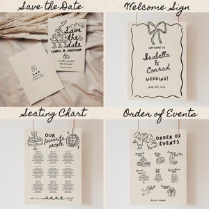 May include: A set of wedding stationery with a rustic theme. The save the date card features a black and white illustration of a couple with a glass of champagne and a cake. The welcome sign features a black and white illustration of a bow and the text "Welcome to Isabella & Conrad Wedding!" The seating chart features a black and white illustration of a cake and a disco ball with the text "Our favorite people". The order of events card features a black and white illustration of a couple with the text "Order of Events".