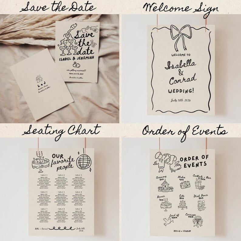 May include: A set of wedding stationery with a rustic theme. The save the date card features a black and white illustration of a couple with a glass of champagne and a cake. The welcome sign features a black and white illustration of a bow and the text "Welcome to Isabella & Conrad Wedding!" The seating chart features a black and white illustration of a cake and a disco ball with the text "Our favorite people". The order of events card features a black and white illustration of a couple with the text "Order of Events".