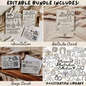 May include: Editable wedding invitation bundle with a black and white whimsical illustration library. The bundle includes an invitation, RSVP card, and details card. The invitation features a black and white illustration of a couple getting married. The RSVP card features a black and white illustration of a couple with a QR code. The details card features a black and white illustration of a couple with a list of details about the wedding.