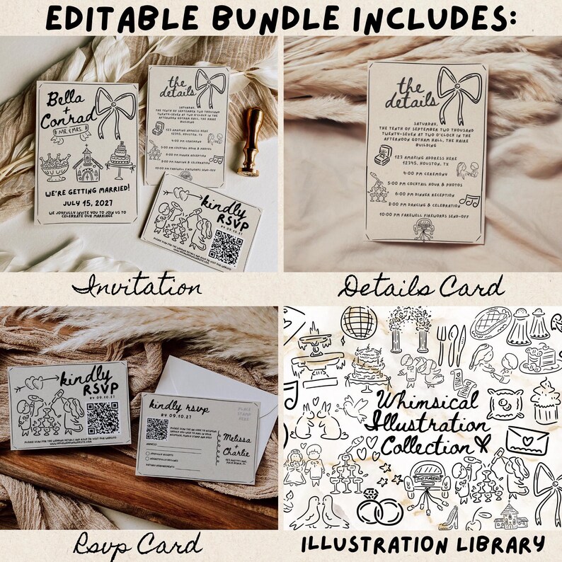 May include: Editable wedding invitation bundle with a black and white whimsical illustration library. The bundle includes an invitation, RSVP card, and details card. The invitation features a black and white illustration of a couple getting married. The RSVP card features a black and white illustration of a couple with a QR code. The details card features a black and white illustration of a couple with a list of details about the wedding.