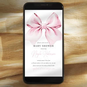 Digitale e-uitnodiging babyshower met roze strik, preppy en elegant e-uitnodigingssjabloon voor tekstbericht, aanpasbare babyshower met roze lint voor meisje