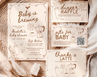 Hand Drawn Coffee Bean Invitation Bundle, A Baby is Brewing Baby Shower Template Set, Whimsical Brewing Coffee Bebe Card Templates, CDOD