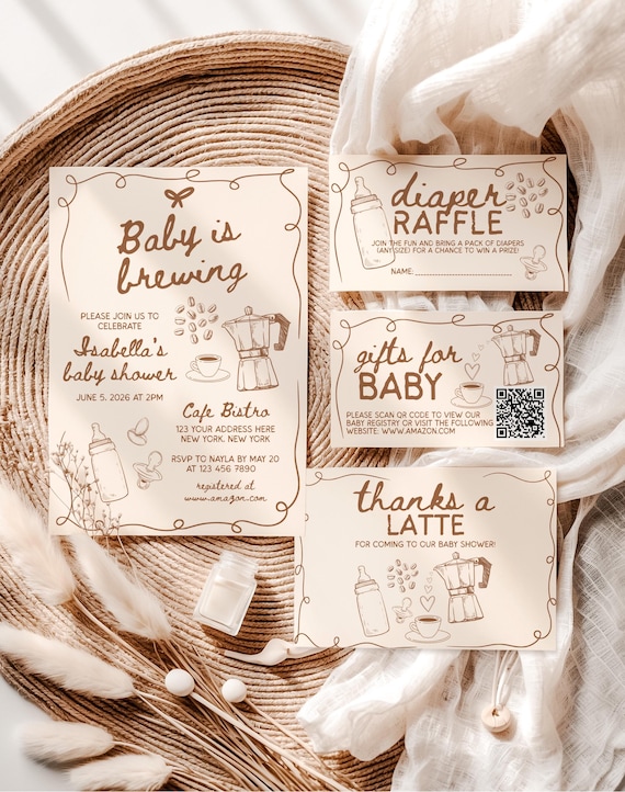Hand Drawn Coffee Bean Invitation Bundle, A Baby is Brewing Baby Shower Template Set, Whimsical Brewing Coffee Bebe Card Templates, CDOD