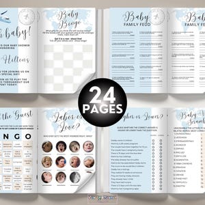 May include: A set of 24 printable baby shower game cards with a blue and white color scheme. The games include Baby Bingo, Family Feud, Find the Guest, Labor or Love, Higher or Lower, and Baby Word Scramble. The cards feature a world map design with a plane and compass.