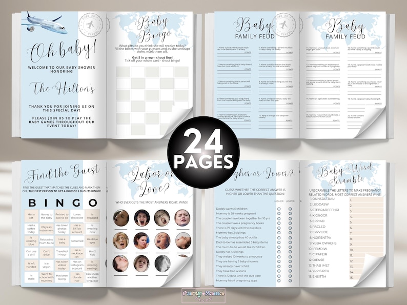 May include: A set of 24 printable baby shower game cards with a blue and white color scheme. The games include Baby Bingo, Family Feud, Find the Guest, Labor or Love, Higher or Lower, and Baby Word Scramble. The cards feature a world map design with a plane and compass.