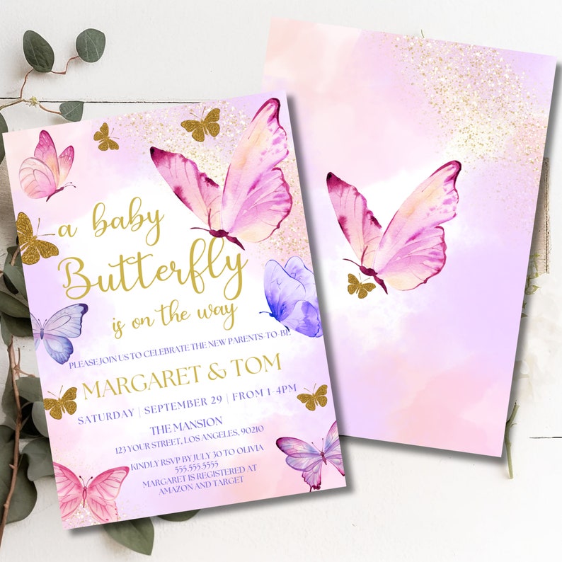 May include: A pink and purple baby shower invitation with a gold butterfly design. The invitation reads "A baby Butterfly is on the way" and includes the names "Margaret & Tom".