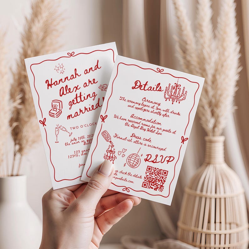 Wedding Invite Template, Editable Hand Drawn Double Sided Doodle Illustrated Invitation, Colorful Handwritten Details Rsvp with QR Code, 610 image 11