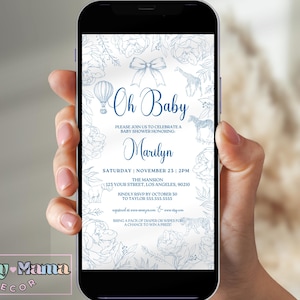 Editable Blue Safari Toile Baby Shower Evite, Blue Safari Toile De Jouy E-Invite for Baby Shower, Blue Bow Toile De Jouy Invite