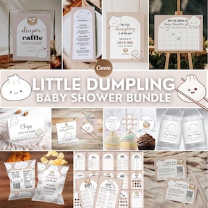 May include: A baby shower bundle with a dumpling theme. The bundle includes a variety of printable items, such as invitations, games, and decorations. The items are decorated with cute dumpling illustrations and the text "Little Dumpling Baby Shower Bundle".