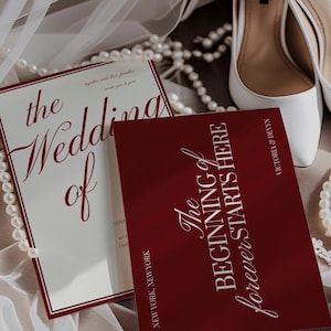 May include: Wedding invitation suite featuring two cards with burgundy and white text, and a pair of white heels. The invitation reads "The Wedding of" and "The Beginning of forever STARTS HERE". Pearl necklaces and a ring complete the elegant wedding theme.