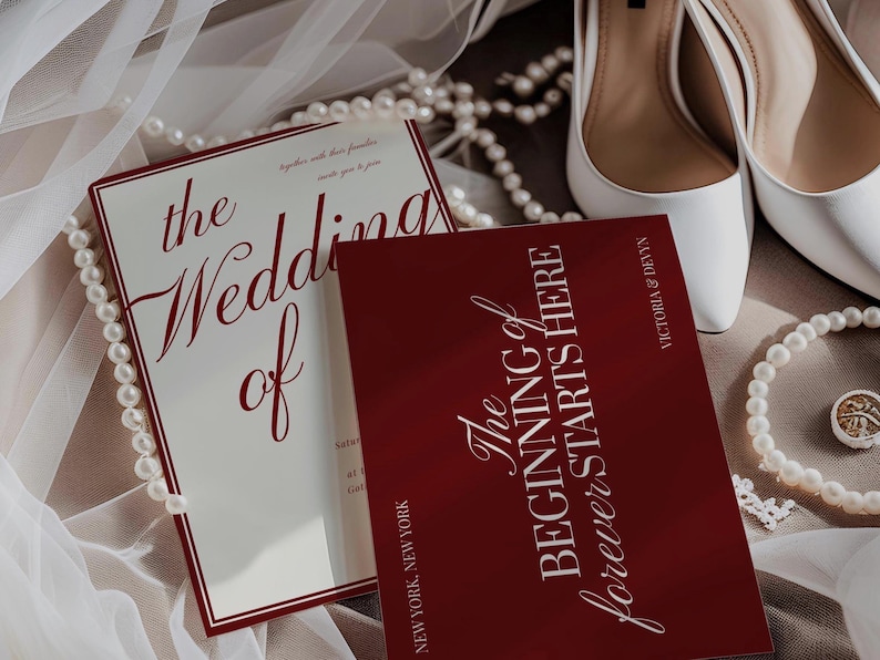 May include: Wedding invitation suite featuring two cards with burgundy and white text, and a pair of white heels. The invitation reads "The Wedding of" and "The Beginning of forever STARTS HERE". Pearl necklaces and a ring complete the elegant wedding theme.