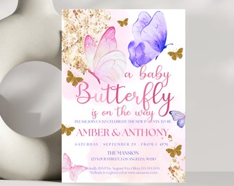Butterfly Baby Shower Invitation Template, Pink Purple (Digital Download)