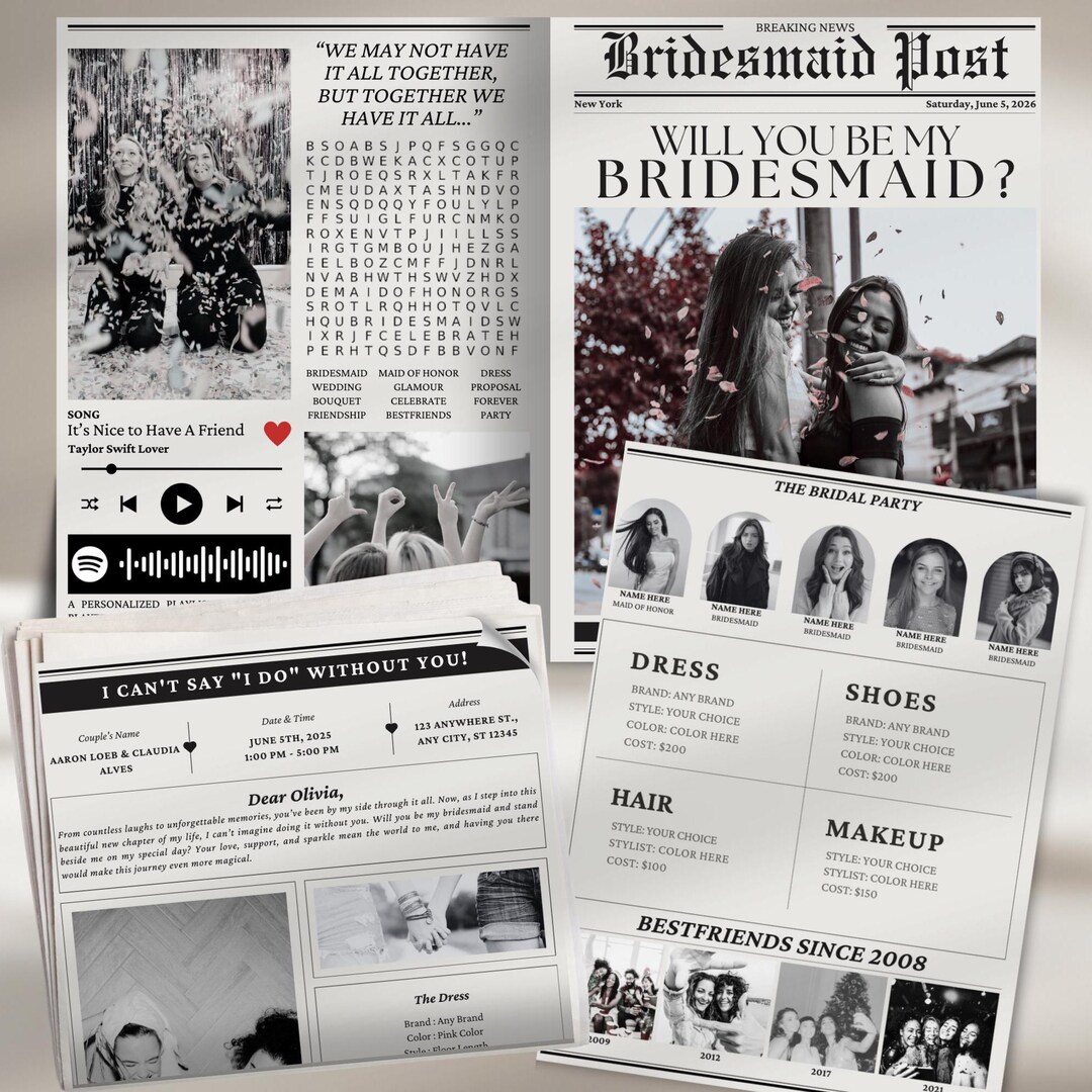 Bridesmaid Proposal Newspaper Template: Editable DIY (digital - Main Image