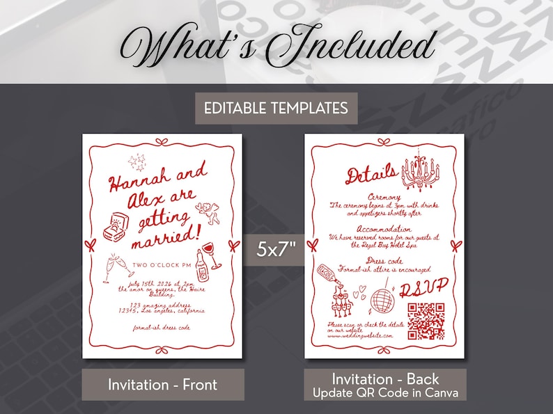 Wedding Invite Template, Editable Hand Drawn Double Sided Doodle Illustrated Invitation, Colorful Handwritten Details Rsvp with QR Code, 610 image 4