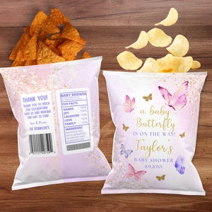 Schmetterling Chip Beutel Vorlage, editierbar DIY Chip Wrapper druckbar, ein Baby Schmetterling ist auf dem Weg Baby Shower Party Favor, Mädchen Baby, BTF1