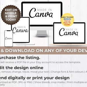K&ouml;nnte beinhalten: Ein digitales Produkt-Mockup, das einen Computerbildschirm, ein Tablet und ein Smartphone zeigt, die alle den Text "Made in Canva" anzeigen. Der Text "Edit & Download on any of your devices" wird unter den Mockups angezeigt. Der Text "Edit on Mobile & Print Today" wird in einem braunen Kreis oben links im Bild angezeigt. Der Text "Easy to Edit Bonus: Canva How-To Guide" wird in einem gelben Kreis oben rechts im Bild angezeigt.