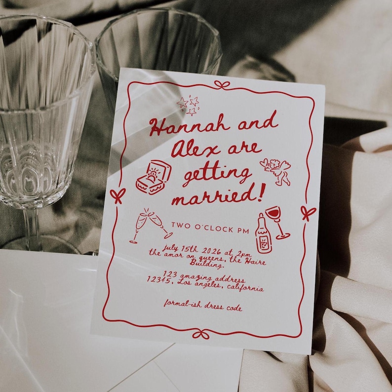 May include: A white wedding invitation with red text and illustrations. The text reads "Hannah and Alex are getting married! Two O'Clock PM July 15th 2026 at 2pm the amor on queens, the Haire Building. 123 gmazing address 12345, Los angeles, california formal-ish dress code"