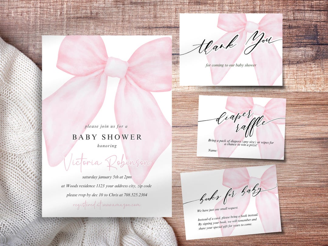 Editable Pink Bow Baby Shower Invitation Bundle, Baby Girl Shower Canva ...