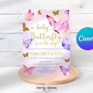 May include: A baby shower invitation with a pink and purple watercolor background featuring butterflies. The text reads "a baby Butterfly is on the way" and includes the names "Margaret & Tom" and the date "September 29".