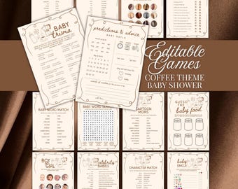 Whimsical Coffee Baby Shower Games Bundle , Baby is Brewing Game Template Set, Hand drawn Doodle, Editable Digital Download, Cafe Theme,CDOD