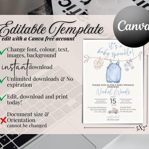 Blue Baby Sprinkle Invitation Template, Editable Baby Sprinkle Invite, Blue Baby Shower, Boho Baby Shower Invitation, BLU1 image 3