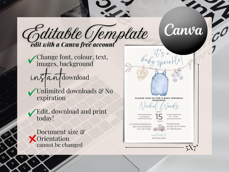 Blue Baby Sprinkle Invitation Template, Editable Baby Sprinkle Invite, Blue Baby Shower, Boho Baby Shower Invitation, BLU1 image 3