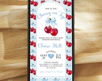 Cherry Baby Shower E-Invite, Blue Bow, Editable Template (Canva)