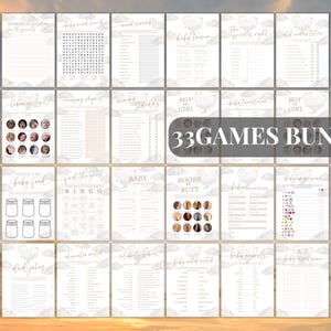 May include: A collection of 33 baby shower games printed on white paper with a watercolor-style background. The games include activities like "Write a Letter," "Baby Bingo," and "Guess the Baby Food." The words "33 GAMES BUNDLE" are printed in the center.