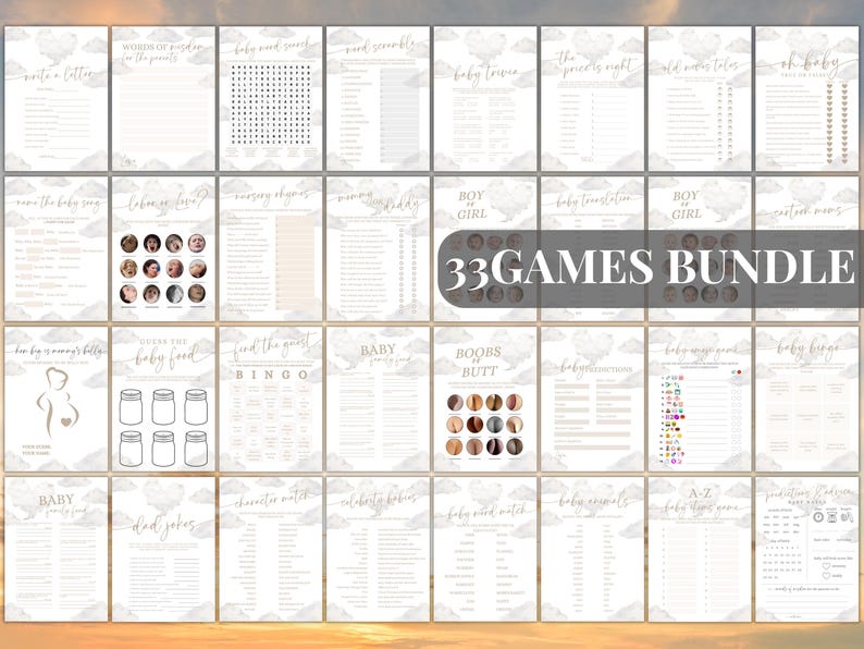 May include: A collection of 33 baby shower games printed on white paper with a watercolor-style background. The games include activities like "Write a Letter," "Baby Bingo," and "Guess the Baby Food." The words "33 GAMES BUNDLE" are printed in the center.