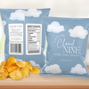 May include: Blue and white chip bag with a cloud design and the text "We're on Cloud Nine" and "Smith's Baby Shower".