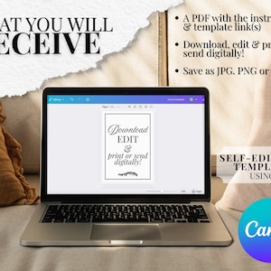 May include: A laptop displaying a digital template with the text "Download, Edit & print or send digitally!". The image also includes the text "What You Will Receive" and "Self-Editable Template Using Canva".
