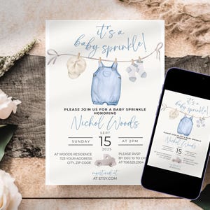 May include: A baby sprinkle invitation with a blue watercolor illustration of a baby's outfit hanging on a clothesline. The invitation is for Nichol Woods and is set for September 15th at 2 PM. It includes the address and RSVP information.