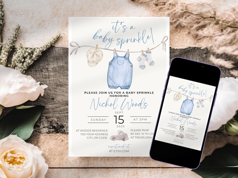 May include: A baby sprinkle invitation with a blue watercolor illustration of a baby's outfit hanging on a clothesline. The invitation is for Nichol Woods and is set for September 15th at 2 PM. It includes the address and RSVP information.