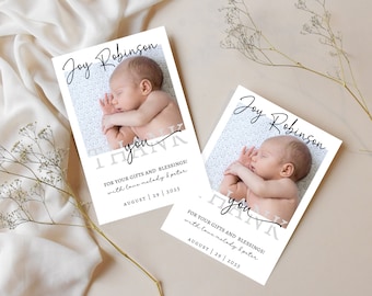 May include: Thank you card with a photo of a baby sleeping. The card says "Joy Robinson" and "Thank you" with the date "August 29, 2025".