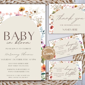 Bundle modifiable d'invitations pour une douche bébé en fleurs, ensemble d'invitations florales pour petite fille, lot de cartes de remerciements tombola fleurs pour baby shower