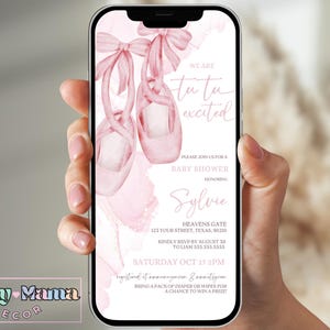 May include: Pink baby shower invitation with a watercolor design of ballet shoes and the text "We are tu tu excited" and "Please join us for a baby shower honoring Sylvie".