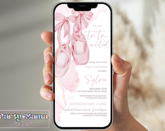 May include: Pink baby shower invitation with a watercolor design of ballet shoes and the text "We are tu tu excited" and "Please join us for a baby shower honoring Sylvie".