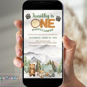 Elektronisk födelsedagsinbjudan till Happy Camper, e-inbjudan till 1-årsdag, textmeddelande, födelsedagsinbjudan, HCP1
