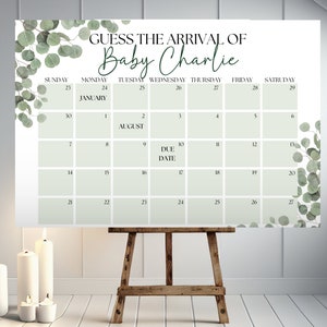 Eukalyptus Babyparty Fälligkeitsdatum Kalender Vorlage, Raten Sie das Geburtstagszeichen des Babys, bearbeitbare Babyvorhersage, Greenery Fälligkeitsdatum Spiel, EUC1