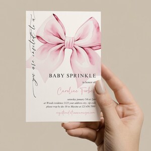 Plantilla de invitación con moño rosa para baby shower, invitación editable con moño rosa ruborizado para baby shower, moño rosa pastel, tarjetas adjuntas imprimibles
