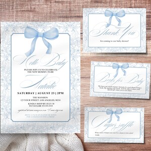 Blue Toile Baby Shower Invitation Set, Floral Toile Invitation for Baby Shower Party, Toile De Jouy Theme, Blue Bow Invite Sign Tickets