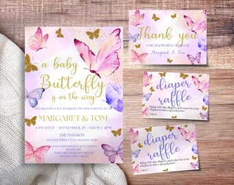 Editable Butterfly Baby Shower Invitation Template Set (Canva Templates)