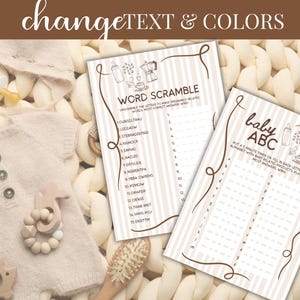 May include: A baby shower theme with a cream-colored knitted romper, wooden toys, and two baby game printables. The printables feature a word scramble and an ABC game, with brown text and decorative borders. The background is a cream-colored knitted blanket.