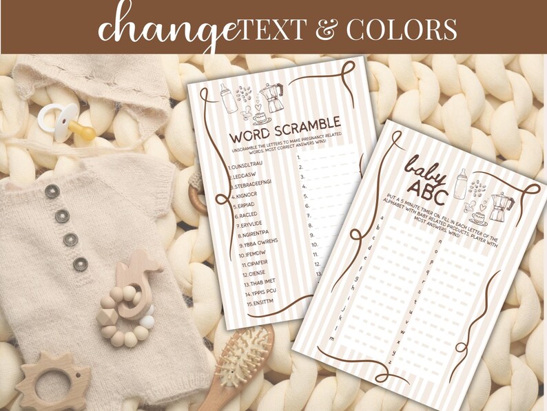 May include: A baby shower theme with a cream-colored knitted romper, wooden toys, and two baby game printables. The printables feature a word scramble and an ABC game, with brown text and decorative borders. The background is a cream-colored knitted blanket.