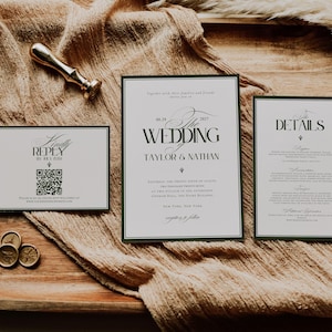 Może przedstawiać: Zestaw zaproszeń ślubnych z zieloną obw&oacute;dką, zawierający zaproszenie z napisem "The Wedding" oraz szczeg&oacute;ły dla Taylor & Nathan. Obecna jest r&oacute;wnież karta odpowiedzi z kodem QR oraz karta ze szczeg&oacute;łami. Złote pieczęcie woskowe i złoty stempel woskowy.