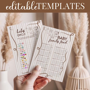 May include: Two beige baby shower game cards with brown text and decorative swirls. One card says "baby emoji" and the other says "baby family feud". The top of the image says "editable TEMPLATES".
