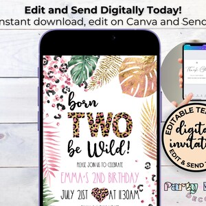 K&ouml;nnte beinhalten: Editierbare digitale Einladungsvorlage f&uuml;r eine zweite Geburtstagsfeier. Die Einladung hat ein Dschungel-Thema mit pinkem, goldenem und schwarzem Leopardenmuster. Der Text lautet "Born Two Be Wild!" und enth&auml;lt das Datum und die Uhrzeit der Party.